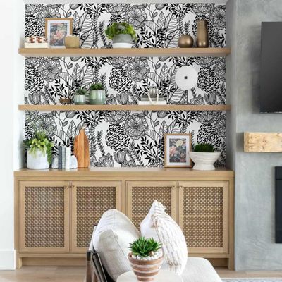 Papel de Parede Autoadesivo Removível Jardim Floral Preto, Mural Instantâneo para Quarto, Banheiro, Lavanderia e Closet - S4Sassy 63,5 cm (L) × 914,4 cm (C) / Preto - Vinil Texturizado
