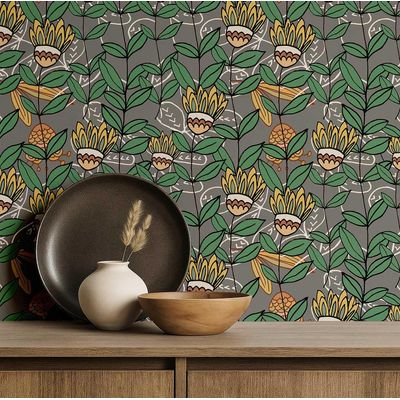 Papel de Parede Autoadesivo Boho Floral Retrô Vinílico Impermeável Cinza Removível Apto para Inquilinos Quarto e Sala de Jantar - S4Sassy 63,5 cm (L) × 152,4 cm (C) / Cinza - Vinil Texturizado