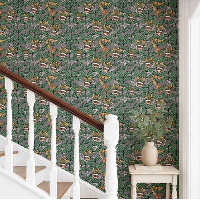 Papel de Parede Autoadesivo Boho Floral Retrô Vinílico Impermeável Cinza Removível Apto para Inquilinos Quarto e Sala de Jantar - S4Sassy 63,5 cm (L) × 152,4 cm (C) / Cinza - Vinil Texturizado