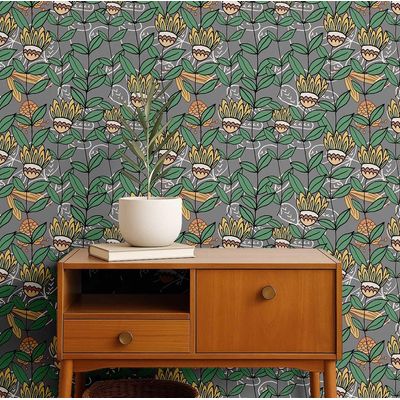 Papel de Parede Autoadesivo Boho Floral Retrô Vinílico Impermeável Cinza Removível Apto para Inquilinos Quarto e Sala de Jantar - S4Sassy 63,5 cm (L) × 152,4 cm (C) / Cinza - Vinil Texturizado