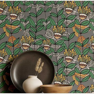 Papel de Parede Autoadesivo Boho Floral Retrô Vinílico Impermeável Cinza Removível Apto para Inquilinos Quarto e Sala de Jantar - S4Sassy 63,5 cm (L) × 152,4 cm (C) / Cinza - Vinil Texturizado