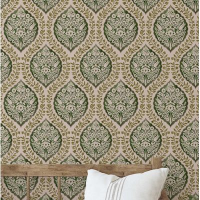Papel de Parede Floral Estilo Asiático, Vinil Autoadesivo Decorativo, Instalação DIY Fácil para Quarto, Sala e Ambientes - Verde - S4Sassy 63,5 cm (L) × 152,4 cm (C) / Verde - Vinil Texturizado