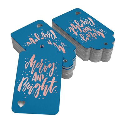 Etiquetas de Papel para Lembrancinhas de Natal 'Merry and Bright' com Foil para Pendurar - Inkdotpot 100 Etiquetas Metalizadas / Azul - Ouro Rosé