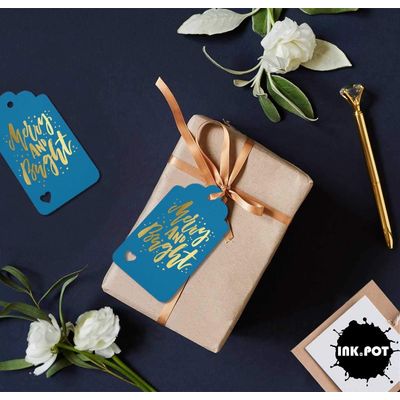 Etiquetas de Papel para Lembrancinhas de Natal 'Merry and Bright' com Foil para Pendurar - Inkdotpot 100 Etiquetas Metalizadas / Azul - Ouro Rosé