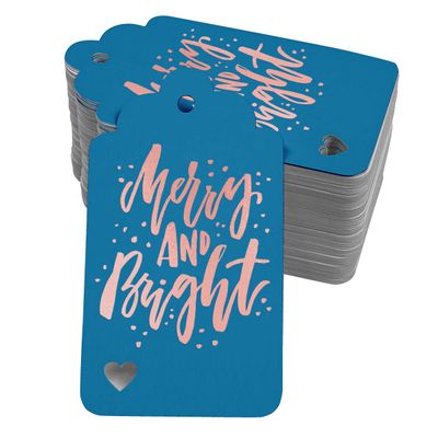 Etiquetas de Papel para Lembrancinhas de Natal 'Merry and Bright' com Foil para Pendurar - Inkdotpot 100 Etiquetas Metalizadas / Azul - Ouro Rosé