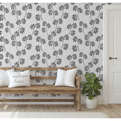 Papel de Parede Autoadesivo Removível com Estampa de Folhas Cinza — para Entrada e Escritório, Solução - S4sassy 63,5 cm (L) × 914,4 cm (C) / Cinza - Vinil Texturizado