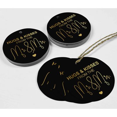 Tags para Pendurar em Papel Metalizado Hugs & Kisses para Lembrancinhas de Casamento - Inkdotpot 100 Etiquetas Metalizadas / Preto - Dourado