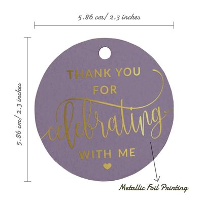 Etiquetas Penduradas em Papel Metalizado 'Obrigado por Celebrar Comigo' para Lembrancinhas de Aniversário - Inkdotpot 50 Etiquetas Metalizadas / Roxo - Ouro Rosé