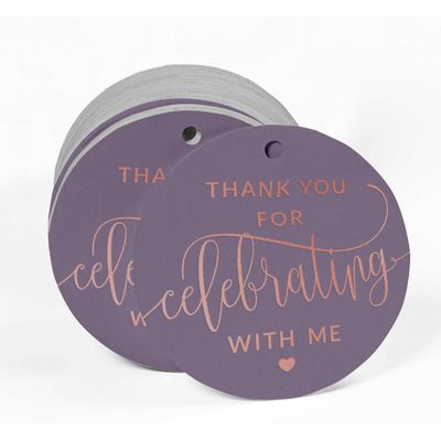 Etiquetas Penduradas em Papel Metalizado 'Obrigado por Celebrar Comigo' para Lembrancinhas de Aniversário - Inkdotpot 50 Etiquetas Metalizadas / Roxo - Ouro Rosé