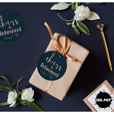 Etiquetas de Papel Metalizado "Um Brinde à Aposentadoria" para Lembrancinhas - Inkdotpot 100 Etiquetas Metalizadas / Azul - Ouro Rosé