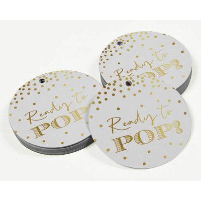 Etiquetas de Papel Metalizado 'Ready to Pop' para Lembrancinhas de Chá de Bebê Prontas para Pendurar - Inkdotpot 100 Etiquetas Metalizadas / Branco - Dourado