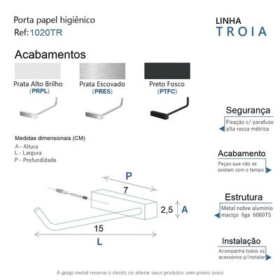 Porta Papel Higiênico Para Banheiro Preto Fosco Troia Grego Metal