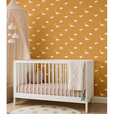 Papel de Parede Estampado Dinossauro Amarelo, Vinil Autoadesivo, Revestimento Fácil para Quarto Infantil e Sala de Brincar - S4Sassy 63,5 cm (L) × 304,8 cm (C) / Amarelo - Vinil Liso