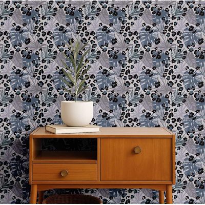 Papel de Parede Folha Tropical com Manchas de Onça, Vinil Autoadesivo Removível para Quarto e Sala - Azul - S4Sassy 63,5 cm (L) × 304,8 cm (C) / Azul - Vinil Liso