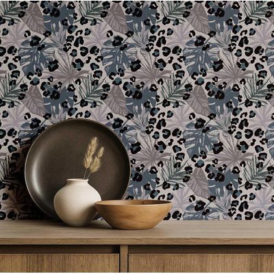 Papel de Parede Folha Tropical com Manchas de Onça, Vinil Autoadesivo Removível para Quarto e Sala - Azul - S4Sassy 63,5 cm (L) × 304,8 cm (C) / Azul - Vinil Liso