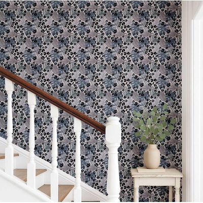 Papel de Parede Folha Tropical com Manchas de Onça, Vinil Autoadesivo Removível para Quarto e Sala - Azul - S4Sassy 63,5 cm (L) × 304,8 cm (C) / Azul - Vinil Liso