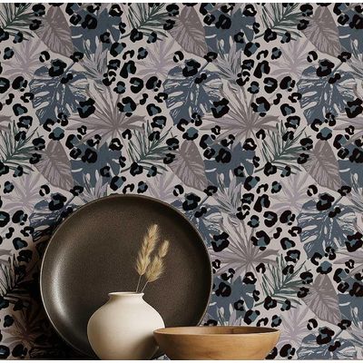 Papel de Parede Folha Tropical com Manchas de Onça, Vinil Autoadesivo Removível para Quarto e Sala - Azul - S4Sassy 63,5 cm (L) × 304,8 cm (C) / Azul - Vinil Liso