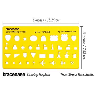 Régua Plástica com Estêncil Impresso, Molde de Símbolos de Mapeamento Geral e Formas para Desenho, 15,2 cm x 17,6 cm - Traceease Amarelo