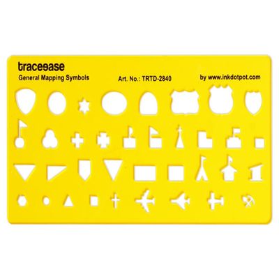 Régua Plástica com Estêncil Impresso, Molde de Símbolos de Mapeamento Geral e Formas para Desenho, 15,2 cm x 17,6 cm - Traceease Amarelo