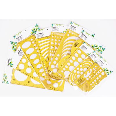 Gabarito Geométrico de Múltiplos Padrões para Desenho, Estêncil e Régua Medidora - Kit de 10 Peças - Traceease Amarelo