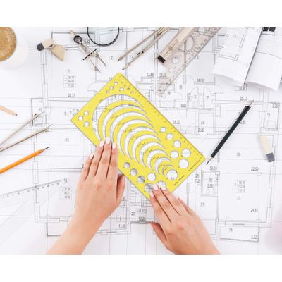 Gabarito Geométrico de Múltiplos Padrões para Desenho, Estêncil e Régua Medidora - Kit de 10 Peças - Traceease Amarelo