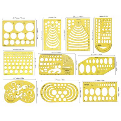 Gabarito Geométrico de Múltiplos Padrões para Desenho, Estêncil e Régua Medidora - Kit de 10 Peças - Traceease Amarelo