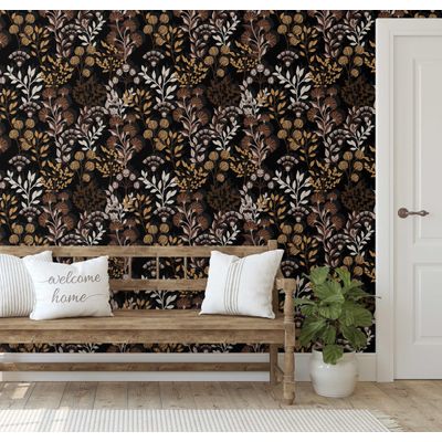 Papel de Parede Vinílico Autoadesivo Botânico Vintage Floral Marrom, Revestimento Decorativo Fácil DIY para Quarto e Sala - S4Sassy 63,5 cm (L) × 152,4 cm (C) / Marrom - Vinil Texturizado
