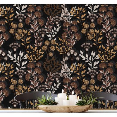 Papel de Parede Vinílico Autoadesivo Botânico Vintage Floral Marrom, Revestimento Decorativo Fácil DIY para Quarto e Sala - S4Sassy 63,5 cm (L) × 152,4 cm (C) / Marrom - Vinil Texturizado