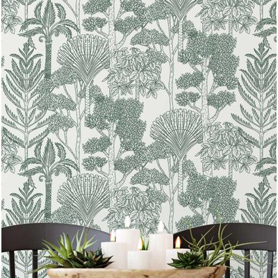 Papel Contact Adesivo Vinílico Impermeável Verde, Árvores Tropicais Esboçadas, Removível, para Inquilinos, Quarto e Sala de Jantar - S4Sassy 63,5 cm (L) × 914,4 cm (C) / Verde - Vinil Texturizado