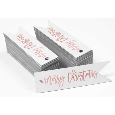 Etiquetas de Papel para Lembrancinhas 'Merry Christmas' com Foil para Pendurar - Inkdotpot 50 Etiquetas Metalizadas / Branco - Ouro Rosé