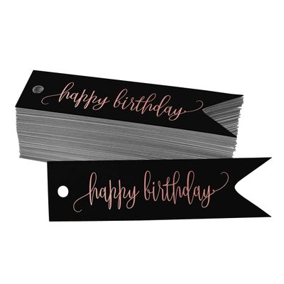 Etiquetas de Papel para Lembrancinha 'Happy Birthday' com Acabamento Metalizado para Pendurar - Inkdotpot 100 Etiquetas Metalizadas / Preto - Ouro Rosé