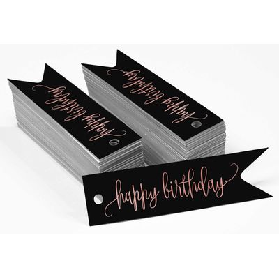 Etiquetas de Papel para Lembrancinha 'Happy Birthday' com Acabamento Metalizado para Pendurar - Inkdotpot 100 Etiquetas Metalizadas / Preto - Ouro Rosé