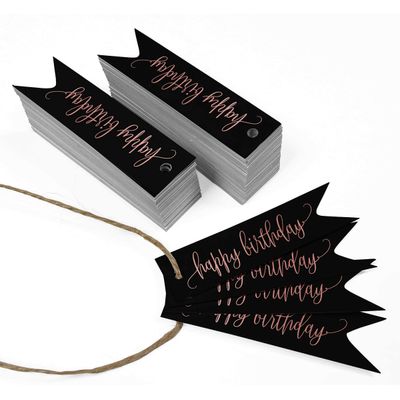 Etiquetas de Papel para Lembrancinha 'Happy Birthday' com Acabamento Metalizado para Pendurar - Inkdotpot 100 Etiquetas Metalizadas / Preto - Ouro Rosé
