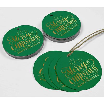 Etiquetas de Lembrancinha para Pendurar em Papel Metalizado com Texto 'Merry Christmas & Happy New Year' - Inkdotpot 100 Etiquetas Metalizadas / Verde - Dourado