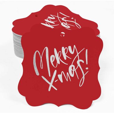 Etiquetas de Papel Metalizadas 'Merry X-Mas' para Lembrancinhas em Formato de Suporte para Pendurar - Inkdotpot 50 Etiquetas Metalizadas / Vermelho - Prata