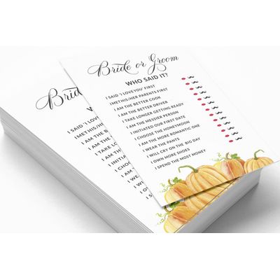 Cartões "Pumpkin Fall In Love" Quadrados em Branco para Preencher, 50 Unidades para Chá de Noiva/Despedida de Solteira - Inkdotpot 12,7 Cm × 17,78 Cm / Branco - Ele Disse, Ela Disse