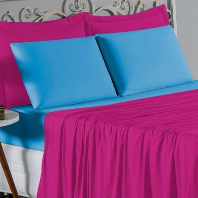 Jogo De Cama Casal Viúva Nobre 4 Peças Malha 100% Algodão - Pink / Turquesa