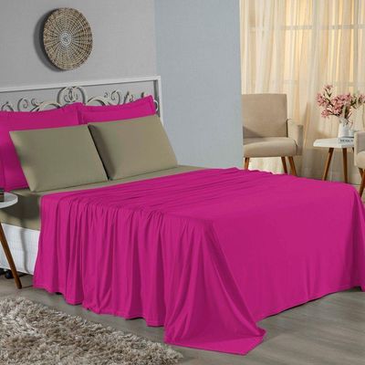 Jogo De Cama Casal Nobre 4 Peças Lençol Com Elástico De 30cm De Altura Malha 100% Algodão - Pink / Avelã