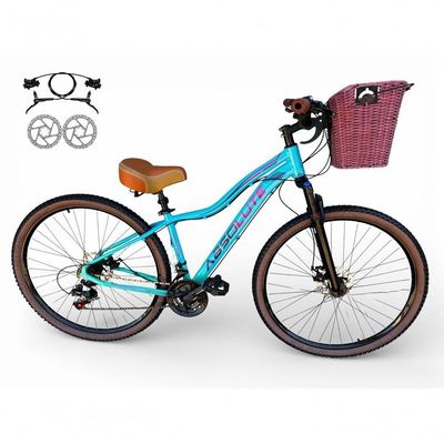 Bicicleta Aro 29 Feminina Absolute Hera Retrô Vintage 21v Hidráulica Confortável Cesta Selim 2 Molas - Azul/verde Tam 15