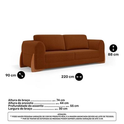 Sofá Living Bloom 220cm 03 Lugares Com Pés De Madeira Bouclê Terracota - Desk Design