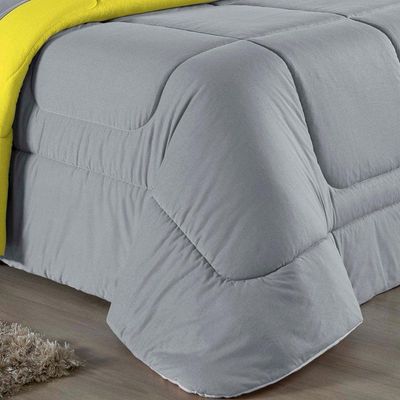 Kit Edredom Dupla Face + Jogo De Lençol Casal Viúva Nobre 6 Peças Malha 100% Algodão - Cinza / Amarelo