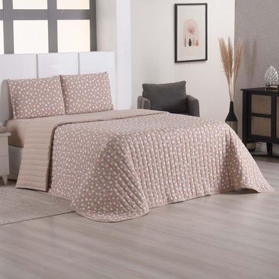 Kit Cobre Leito Colcha Polly Casal 3 Peças Malha 100% Algodão Estampa Bolinhas - Bege