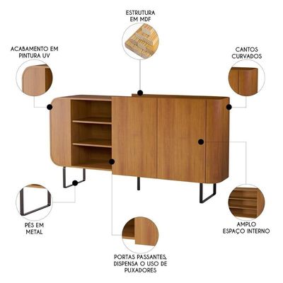 Buffet Aparador 160cm 2 Portas Orgânico Pé Metal Sindy Nature Z56 - Mpozenato