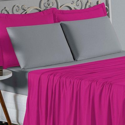 Jogo De Cama Solteiro Nobre 3 Peças Lençol Com Elástico De 30cm De Altura Malha 100% Algodão - Pink / Cinza