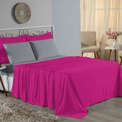 Jogo De Cama Solteiro Nobre 3 Peças Lençol Com Elástico De 30cm De Altura Malha 100% Algodão - Pink / Cinza