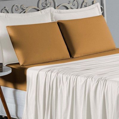 Jogo De Cama Casal Viúva Nobre 4 Peças Malha 100% Algodão - Palha / Cobre