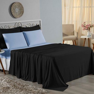 Jogo De Cama Casal Viúva Nobre 4 Peças Malha 100% Algodão - Preto / Azul-bebê