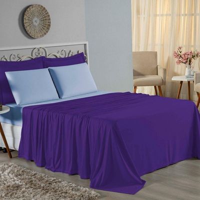 Jogo De Cama King Nobre 4 Peças Lençol Com Elástico De 30cm De Altura Malha 100% Algodão - Roxo / Azul-bebê
