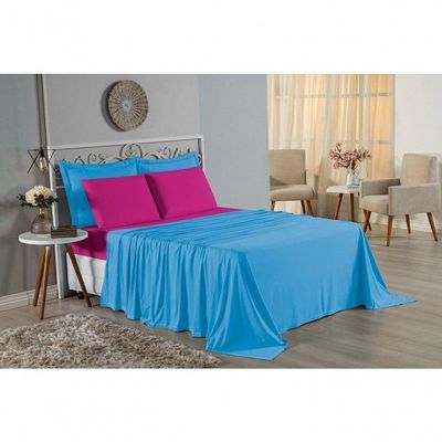 Jogo De Cama Casal Viúva Nobre 4 Peças Malha 100% Algodão - Turquesa / Pink