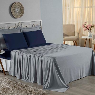 Jogo De Cama Casal Viúva Nobre 4 Peças Malha 100% Algodão - Cinza / Azul-marinho